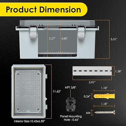 Waterproof Electrical Junction Box, IP67 ABS Plastic Junction Box Enclosure with Aluminum DIN Rail, Mounting Plate, Wall Brackets for WiFi Electronics Project, Clear (11.4"×7.5"×5.5")