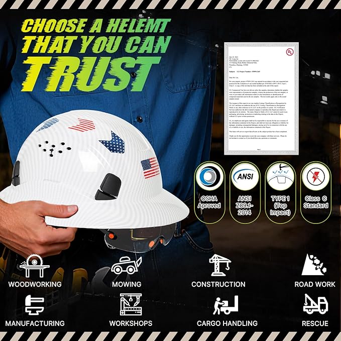 Carbon Fiber Pattern Full Brim Hard Hat with Visor-OSHA Approved Construction Safety Helmet for Men Women,ANSI Z89.1 Vented Reflective Hardhat with Hard Hat Chin Strap,6-Point Suspension