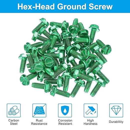 PATIKIL 10-32 x 1/2 Inch Self Tapping Ground Screws, 50 Pack Green Grounding Hex Flanged Head for Electrical Junction Boxes, Metal Outlet and Switch Boxes