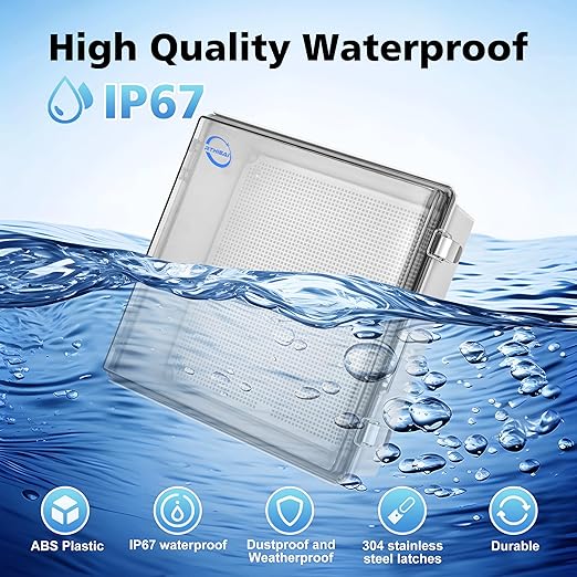 Waterproof Outdoor IP67 Junction Box (13"x13"x5.1") with Mounting Plate, Hinged Clear Cover and Wall Brackets - Weatherproof ABS Plastic Electrical Enclosure for DIY Projects (330x330x130mm)