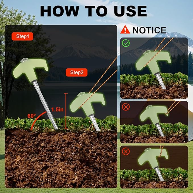 4 Pcs Tent Stakes Heavy Duty, 8 in Ground Anchors Screw in, Grow in The Dark Screw in Tent Stakes, Camping Stakes with Storage Box, Threaded Tent Spikes with Hex Head Driver and Stake Puller