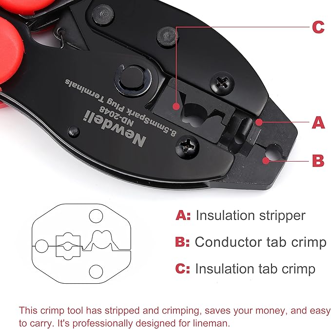 Spark Plug Wire Crimper, Newdeli Crimping Pliers for Spark Plug Stripping Tool, ND-2048 for Crimping and Stripping Spark Plug Wire, Dia 8.0-8.5mm,Ratchet spark plug wire crimping tool