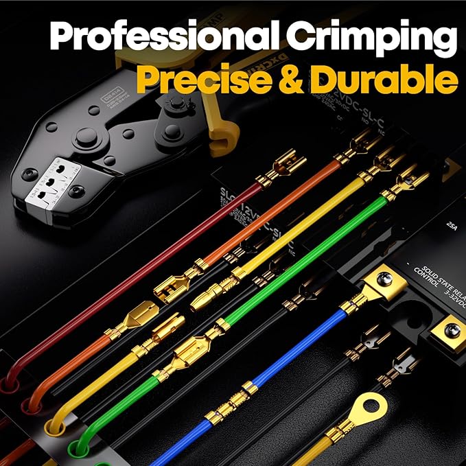 Crimping Tool Kit, 14-Type Open Spade & Quick-Disconnect Connector Set (2.8/3.9/4.8/6.3 mm) Non-Insulated Brass Terminals, 24–14 AWG Ratcheting Crimper, for Automotive, Marine, Appliance, DIY