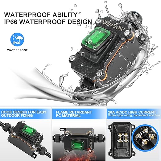 Waterproof On Off Toggle Switch Double Outlet with Green Light Rocker Button Inline Cord Switch DPST AC/DC 20A-125V,16A-250V,30A-24V,35A-12V, IP66