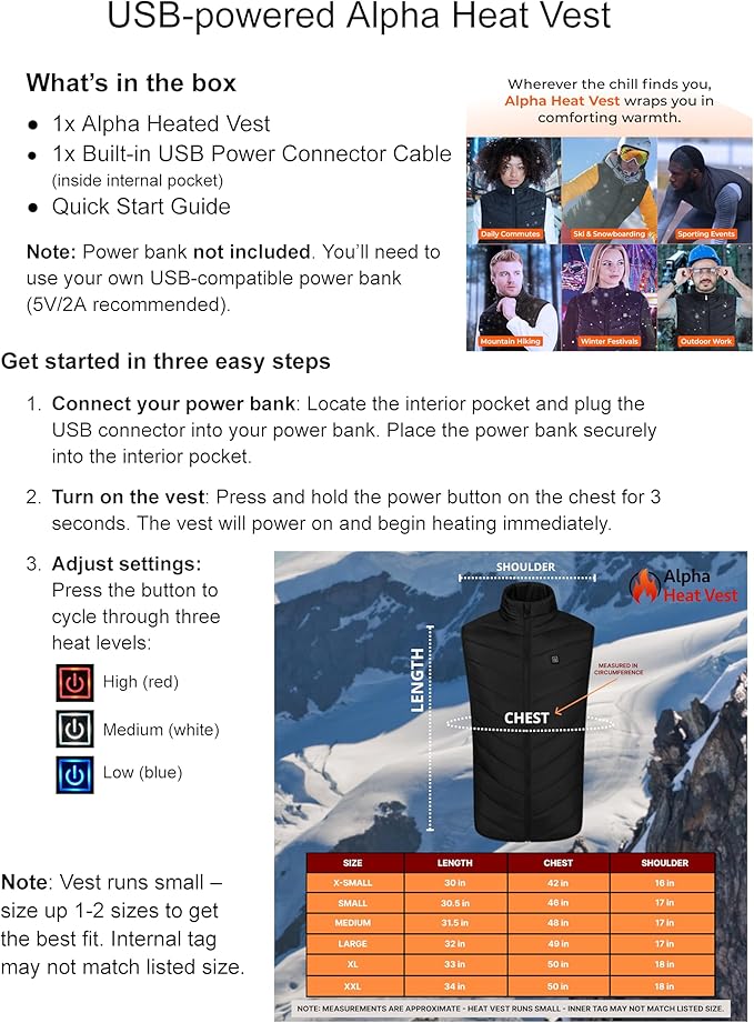 Alpha Heat Vest USB Rechargeable Heated Vest for Men and Women 8 Heating Zones Waterproof Electric Heated Jackets