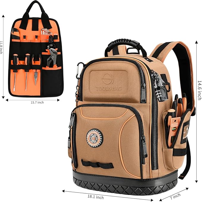 Tool Bag Backpack, 75 Pockets & Loops Canvas Heavy Duty Tools Organizer Bags/HVAC Tool Carrier for Electrician/Construction Work with Molded Base and Combination Lock - Brown