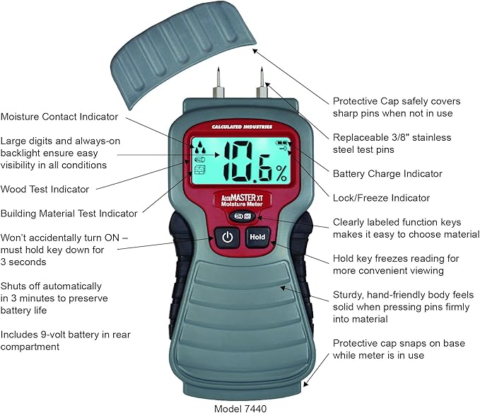 Calculated Industries 7440 AccuMASTER XT Digital Moisture Meter | Handheld |Pin Type | Backlit LCD Display | Detects Leaks, Damp and Moisture in Wood, Walls, Ceilings, Carpet and Firewood