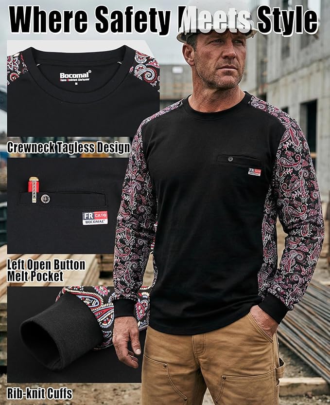 BOCOMAL FR Shirts Crewneck 5.5oz Lightweight Cotton Paisley Camo Two-Tone Flame Resistant Long Sleeve CAT2 Work Shirt