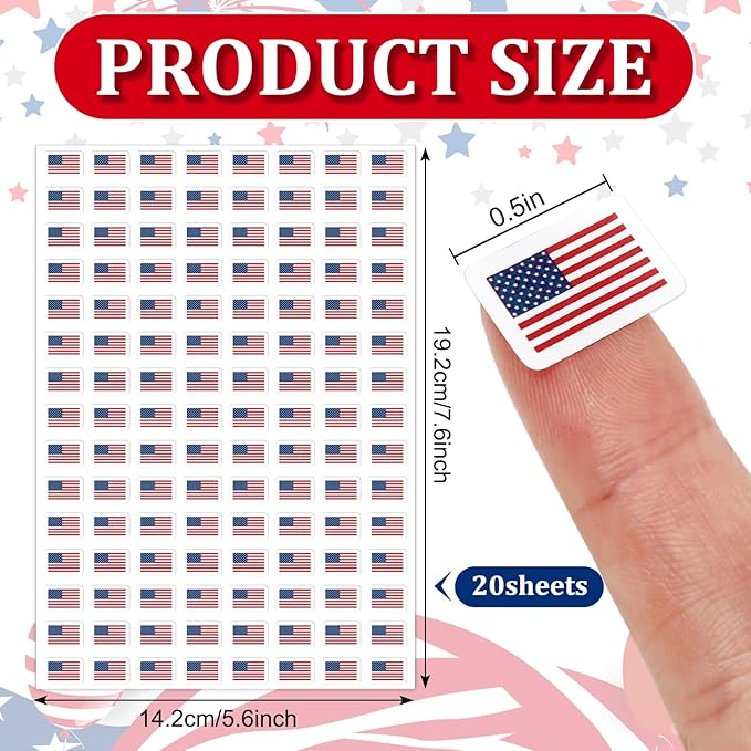 JarThenaAMCS 2400Pcs Patriotic Mini Sticker American Flag Paper Decals 4th of July Self-Adhesive Stickers for Independence Day Envelopes Scrapbook Gifts DIY Supplies, 0.5 in