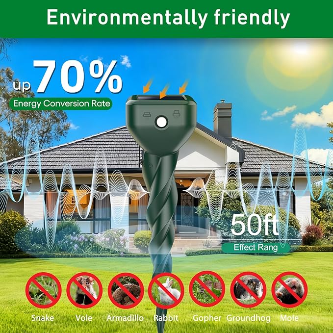 Mole Repellent Solar Powered, 4 Pack Snake & Rabbit Repellent for Yard, IP 65 Waterproof Ultrasonic Deterrent Stakes, Get Rid for Armadillo, Gopher, Vole, Chipmunk, Deer, Groundhog for Lawns Garden