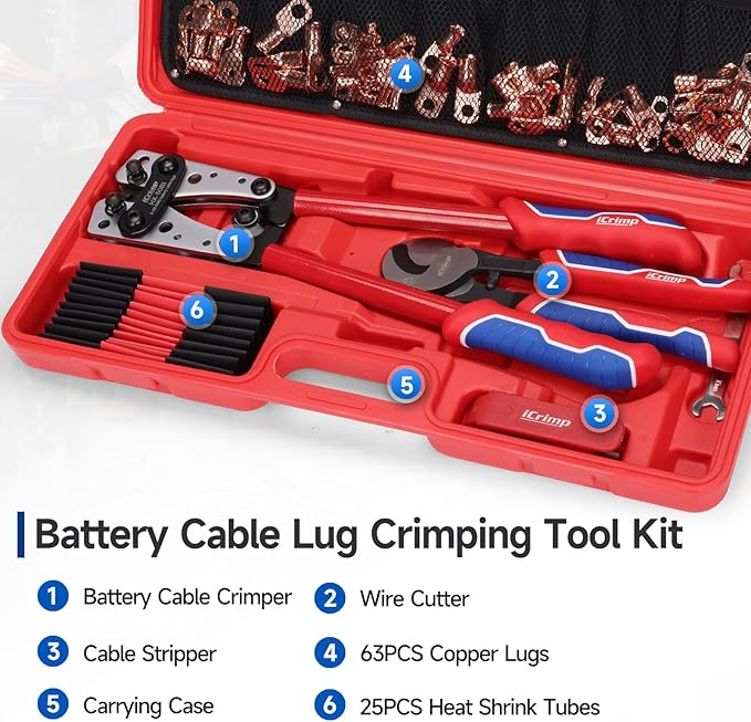 iCrimp Battery Cable Lug Crimping Tool Kit with Wire Cutter & Stripper for 8-1/0 AWG - 63pcs Copper Lugs & 25pcs Heat Shrink Tubes