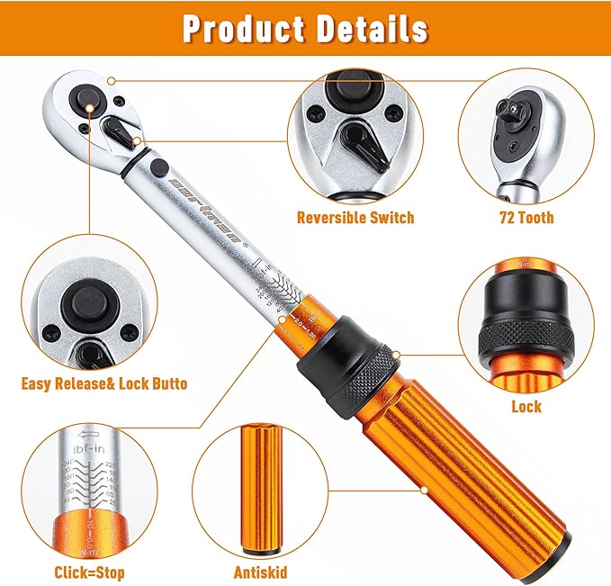CARTMAN 1/4-inch Drive Click Torque Wrench Dual-Range 20-240 LB.IN/2.26-27.12N.M for MTB E-Bike and Moto Maintenance