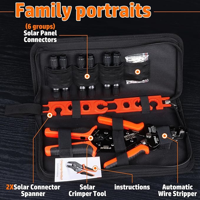 PEBA Solar Crimping Tool - Solar Crimper for AWG16/14/12/10 Solar PV Wire, with 12 Pcs Solar Connectors, Wire Stripper, Spanner Wrench | Ratchet Crimp Tool Kit - Solar Installation