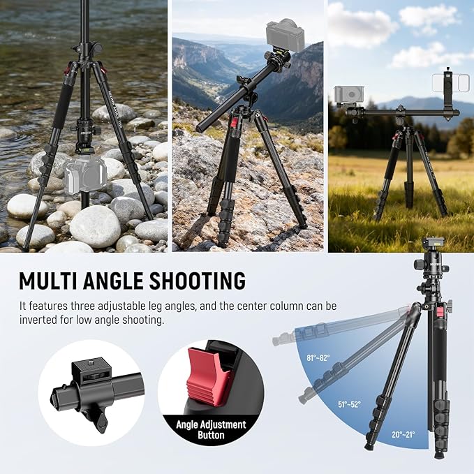 NEEWER Basics 64.5" Horizontal Overhead Tripod Monopod for Dual Camera Aluminum Travel DSLR Camcorder Stand with Cell Phone Holder Compatible with iPhone for Video Recording, 22lb/10kg Load, TP66