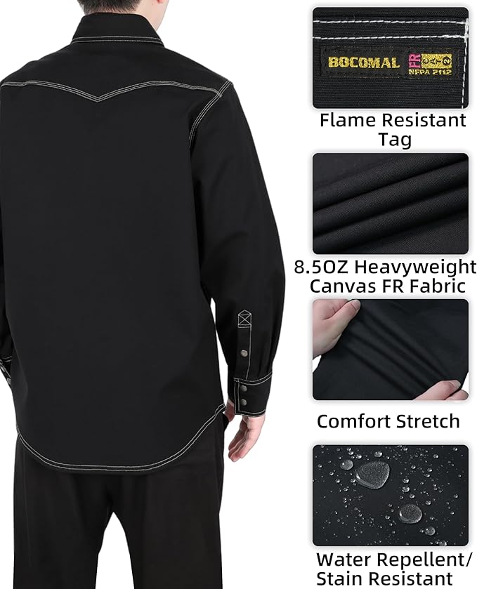 BOCOMAL FR Welding Shirts Heavyweight Stretch Canvas Snaps Down Reinforced Stitching Western Style Fire Resistant Jackets