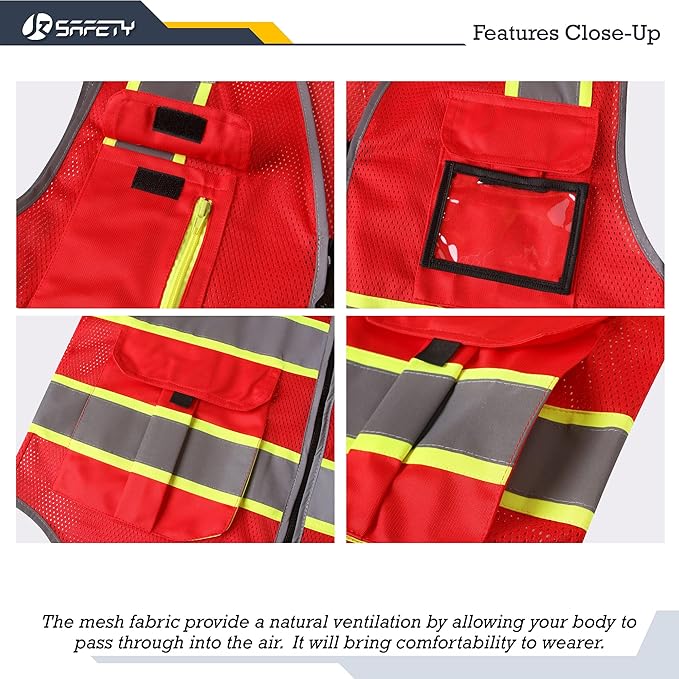 JKSafety 9 Pockets Hi-Vis Mesh Safety Vest for men and women | Chaleco reflectante de seguridad | Zipper Front | Multiple Pockets | Class 1 (140-Red L)