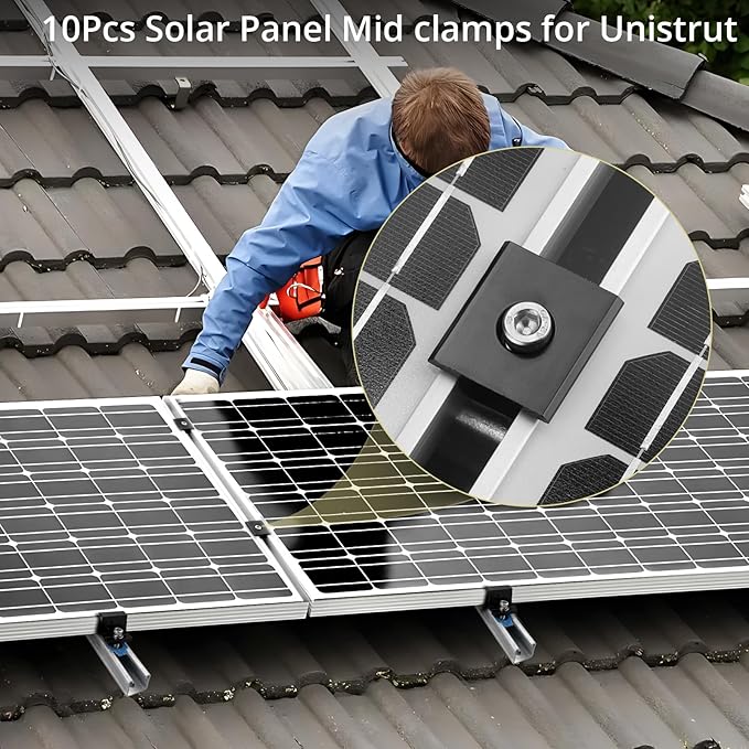Anbte 10pcs Solar Panels Mid Clamps for Unistrut, Aluminium 1.37" Solar Panel Brackets, Mounting Kit for Metal Roof, Tin Roof, Flat Roof, Sheet Roof, RV, Black