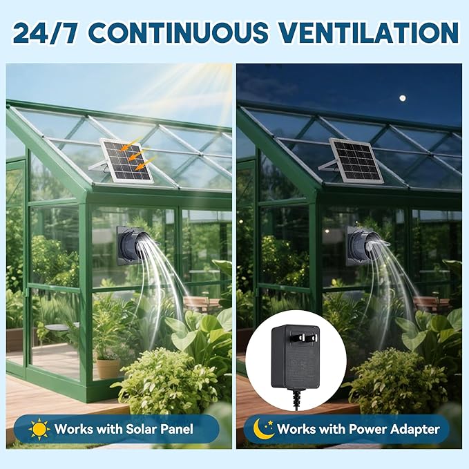 Solar Powered Exhaust Fan, 25W Solar Panel+8" High Speed Solar Powered Fans, Solar Exhaust Intake Fan Kit with Bracket, Anti-backflow Valve, Power Adapter, Vent Fan for Shed, Greenhouse, Attic