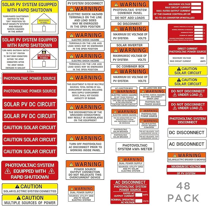 48 Pack PV Solar System Install Label Kit,Photovoltaic Safety Stickers,Photovoltaic Power Source Labels,Electrical Panel Labels,Solar PV Safety Warning Stickers
