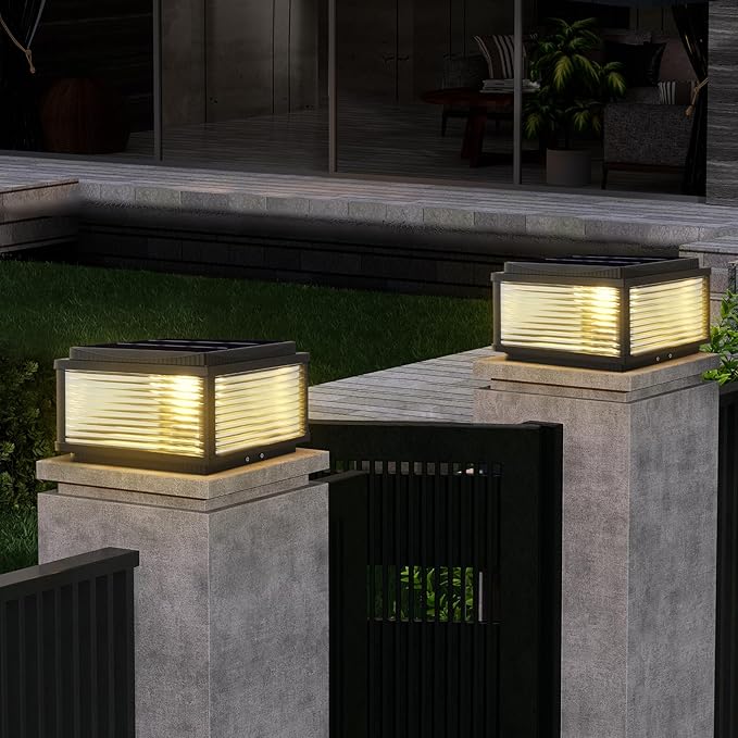 Outdoor Solar Column Lights Modern Tri Color Dimming Solar Post Cap Lights IP65 Waterproof Fence Deck Column Cap Light External Post Lights Aluminum Pillar Light Landscape Lighting Fixture