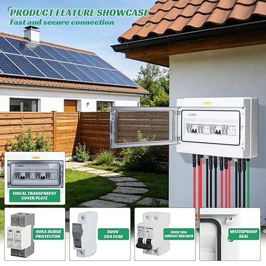 4 in 2 Out Solar Combiner Box,PV Combiner Box with 20A PV Fuse,DC 40A Circuit Breaker and Surge Protector,IP65 Solar Disconnect Switch Box for Indoor Outdoor Solar Panel System (4 in 2 Out 20A 500V)