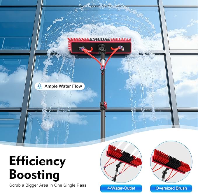 TFCFL Professional Water Fed Pole Kit, 24ft Telescopic Aluminum Alloy Window & Solar Panel Cleaner with 65ft Hose, 210° Rotating Brush, 4 Water Jets for High Reach Cleaning, Car, Glass Roof
