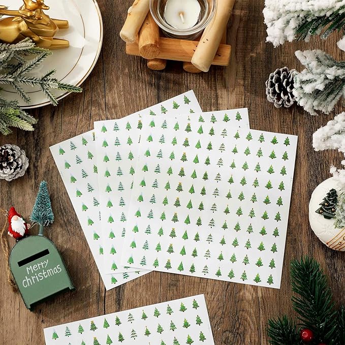 JarThenaAMCS 2400Pcs Mini Christmas Tree Sticker Green Paper Decal 12 Cute Designs Adhesive Sticker for Xmas Winter Planner Envelope Scrapbook Gift DIY Supplies, 0.5 in