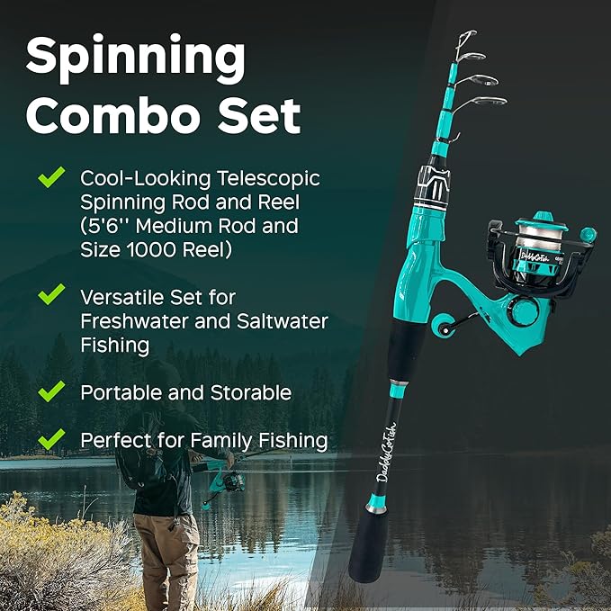 DaddyGoFish Spinning Fishing Rod and Reel Combo Set with Tackle Box | Kids Fishing Pole | Carbon Fiber Telescopic Fishing Rod Kit | Spinning Reel for Travel Saltwater Freshwater Fishing Gear Kit