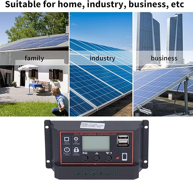 Walfront Smart Controller 3A USB Solar Battery Panel Charging Device Solar Battery Regulator with LCD Display 12V/24V(30A), Solar Controller