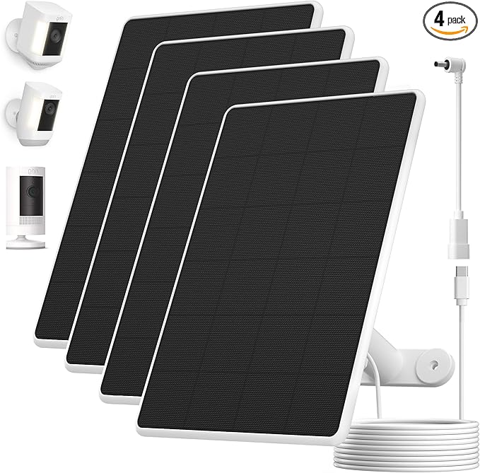 Solar Panel for Ring Camera,6W Solar Charger for Ring Stick Up Cam&All-New Spotlight Cam Outdoor Wireless (Battery),Fast Charging,Adjustable Mount,10ft/3m Cable,USB-C to Barrel Plug Adapte(4 Pack)