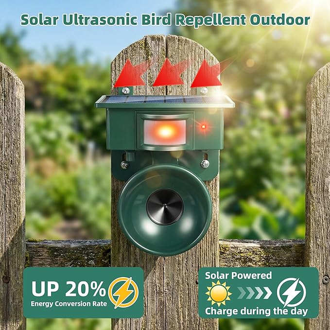 2026 Solar Ultrasonic Bird Repeller Outdoor,Woodpecker Deterrent for House,Pigeon Bird Deterrents for Outside Birds Repellent Scare Devices for Balconies Yard Garden Farm Orchard Animal Repellent