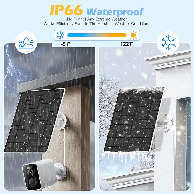 Solar Panel for Security Camera, Camera Solar Panel for Built-in Rechargeable Battery Security Camera with Micro USB & USB-C & DC Ports, IP65 Waterproof, 360°Adjustable, 10Ft Charging Cable