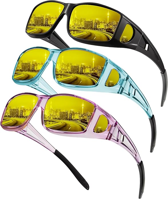 KALIYADI Night-Vision-Glasses Fit-Over-Glasses Wrap-Around Glasses: Anti Glare Night Driving Glasses for men women HD Lens
