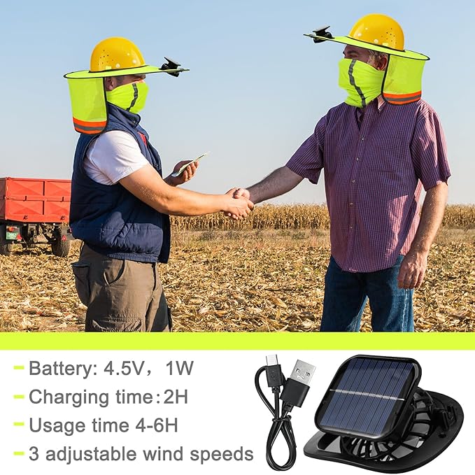 1 Set Sun Hard Hat with Solar Fan Shade Full Brim Hard Hat and Neck Sunshade Cover High Visibility Full Brim Mesh with Reflective Strip for Outdoor Summer Protection