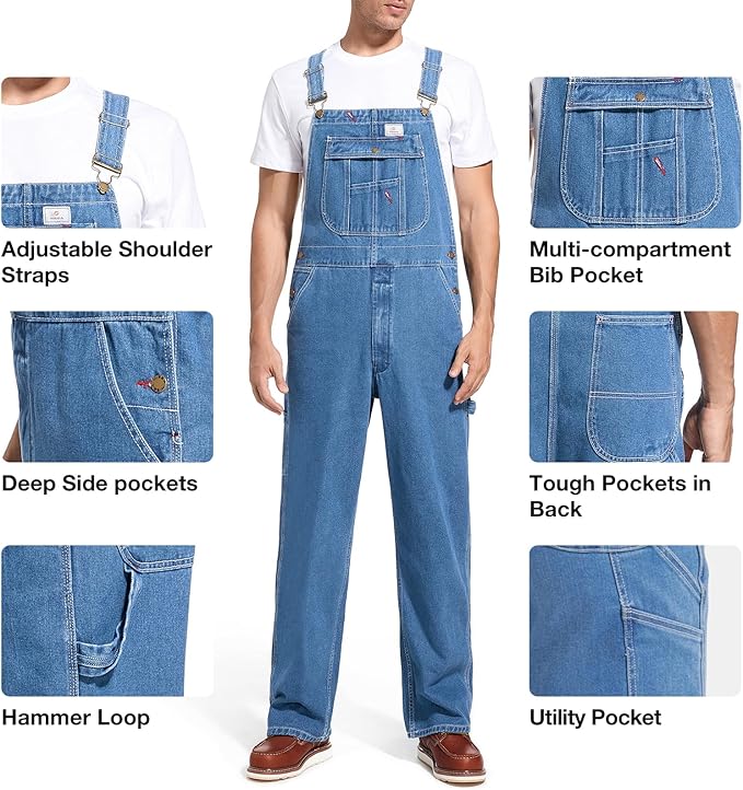 HISEA Mens Denim Bib Overalls, Men's Regular Fit Overall Flex Workwear with Adjustable Straps and Convenient Tool Pockets
