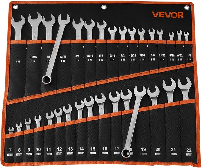 VEVOR Combination Wrench Set, 32-Piece SAE and Metric, 12-Point Box End and 15° Angled Open End Combination Wrenches with Roll Up Pouch, Carbon Steel, for General Household and Automotive Repairs