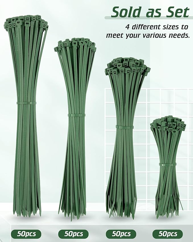 PA66 Green Zip Ties, 4+8+10+12 Inch with 22-55lb Strength, Premium Heavy Duty Self-locking Nylon Cable Ties, Decoration Tie Wraps for Holiday Lights Gardening Plants Fence Grid Wall, 200pcs Green