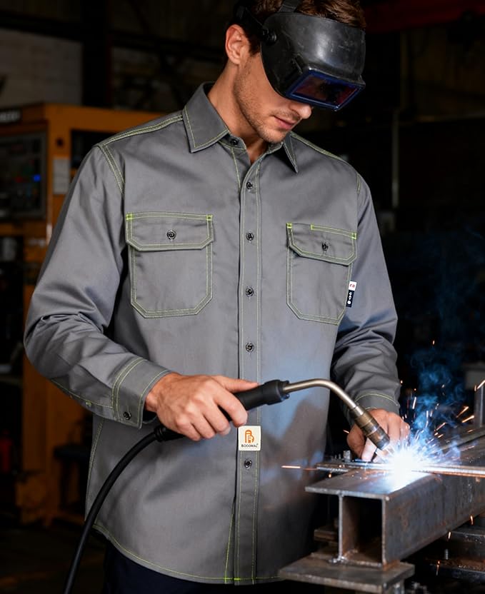 BOCOMAL FR Shirt for Summer Lightweight Vented Mesh Back and Underarm Breathable Flame Resistant Welding Button Down Shirts