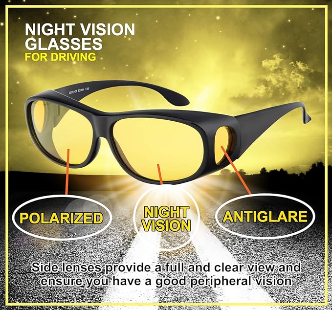 Night Driving Glasses Anti Glare Polarized Night Vision Yellow Tint Night Driving Glare Reducing Fit Over Driving Sunglasses Men and Women