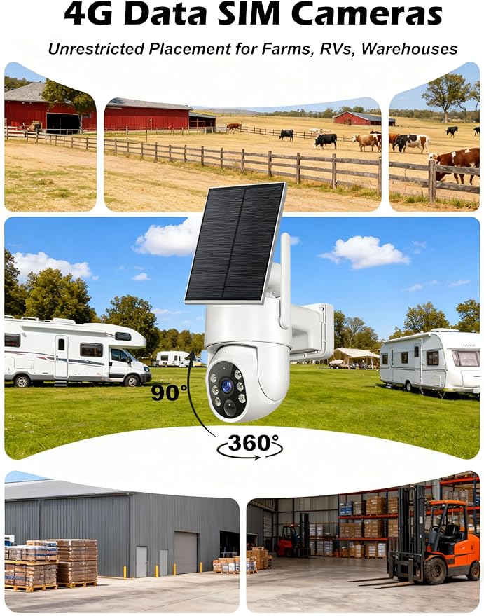 4G LTE Cellular Solar Security Cameras Wireless Outdoor, No WiFi Solar & Battery Powered Outdoor Security Camera, 2K Color Night Vision, Human Detection, Built in TF/SIM Card