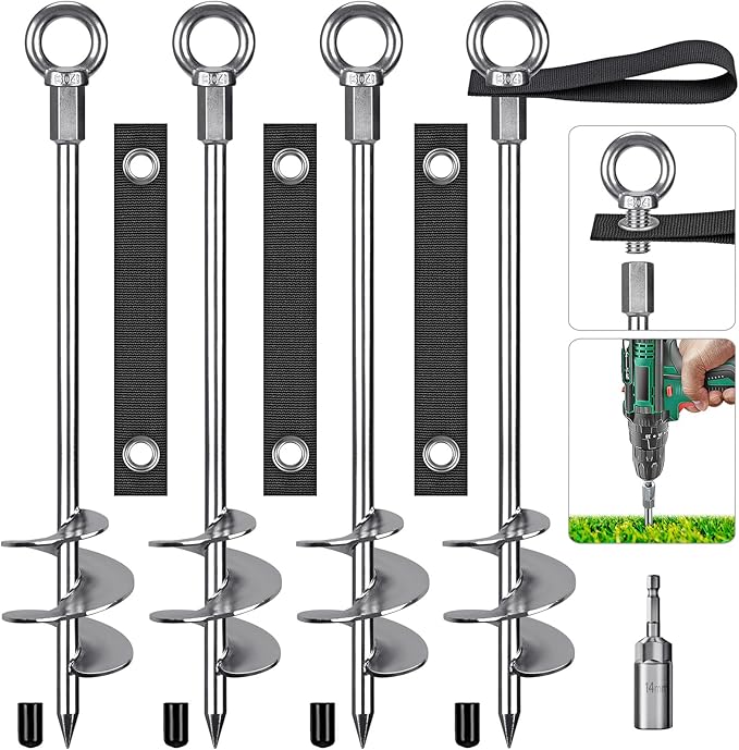 Fully Welded Ground Trampoline Anchors, 18'' Spiral Mobile Home Anchors, 4pcs Earth Anchor Heavy Duty Shed Anchor Kit with Straps for Securing Swing Sets, Animals, Trees, Tents, Shed, Carport