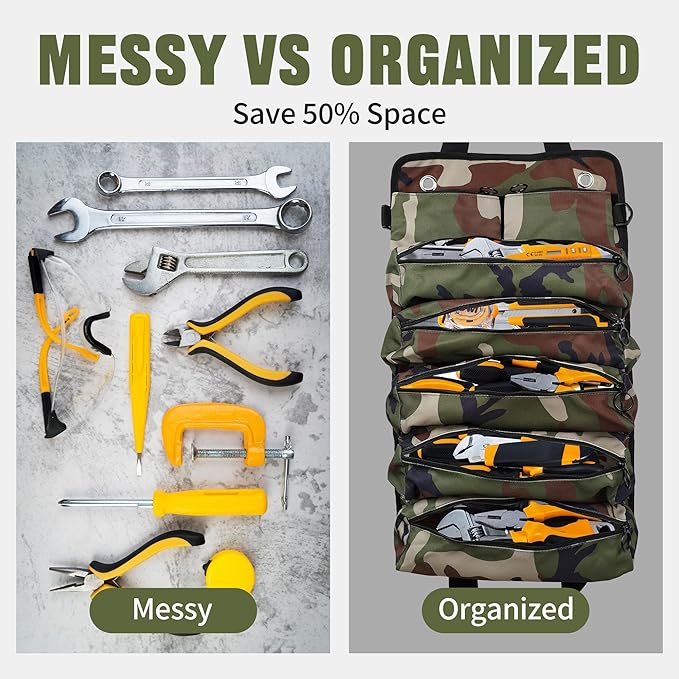 Portable Foldable Roll-Up Waterproof Tool Bag Organizer with 5 Compartments & 2 Detachable Pouches, Heavy-Duty Tool Pouch Bag, Dad Men Electrician Mechanic Gifts (Camouflage)
