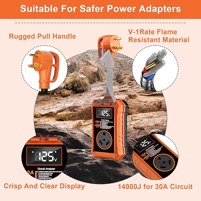 Rv Surge Protectors 30 Amp,14000 Joules Rv Circuit Analyzer Waterproof with Smart Led Display,Surge Protection with High/Low Voltage Protection,Rv Voltage Protector for Camper, Travel Trailers