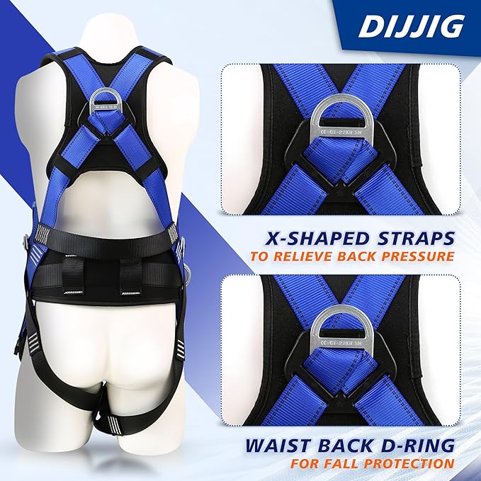 Safety Harness Fall Protection Kit with Shock Absorbing Lanyard & Suspension Trauma Safety Straps Upgrade Quick Buckles, Roofing Harness Construction Harness Para Construccion ANSI Compliant Blue