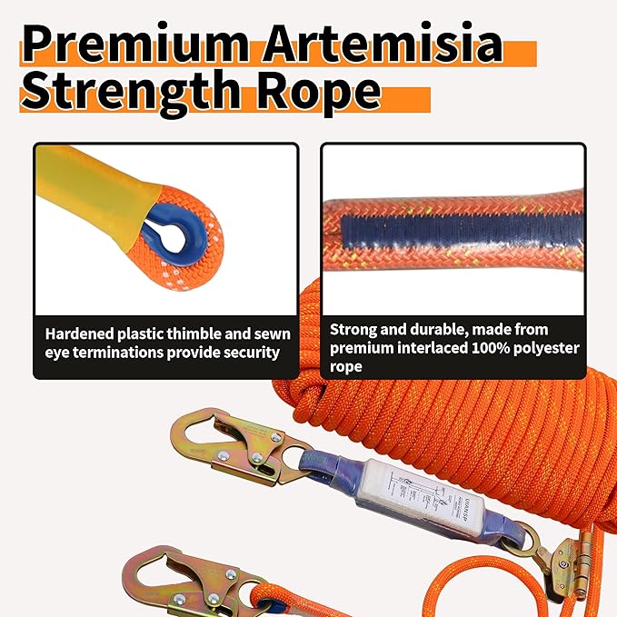 Fall Protection Safety Rope 25ft Heavy Duty Vertical Roofing Grab Snap Hook Shock Absorber Fall Protection Line Kit Restraint System Roofing Safety Equipment(25FT)