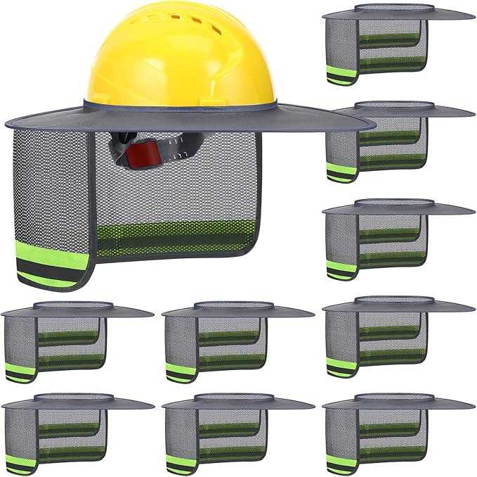 Vicenpal 10 Pcs Hard Hat Shade Full Brim, High Visibility Sun Visor Neck Shade with Reflective Strip, Hard Hat Accessories for Men Women Construction Use(Grey)