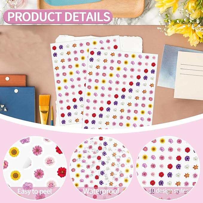2400 Pcs Small Stickers for Kids,Pink and Purple Mini Flower Stickers,10 Cute Designs Adhesive Sticker for Party Envelopes Scrapbook Gifts DIY Supplies,0.5in（Flower）