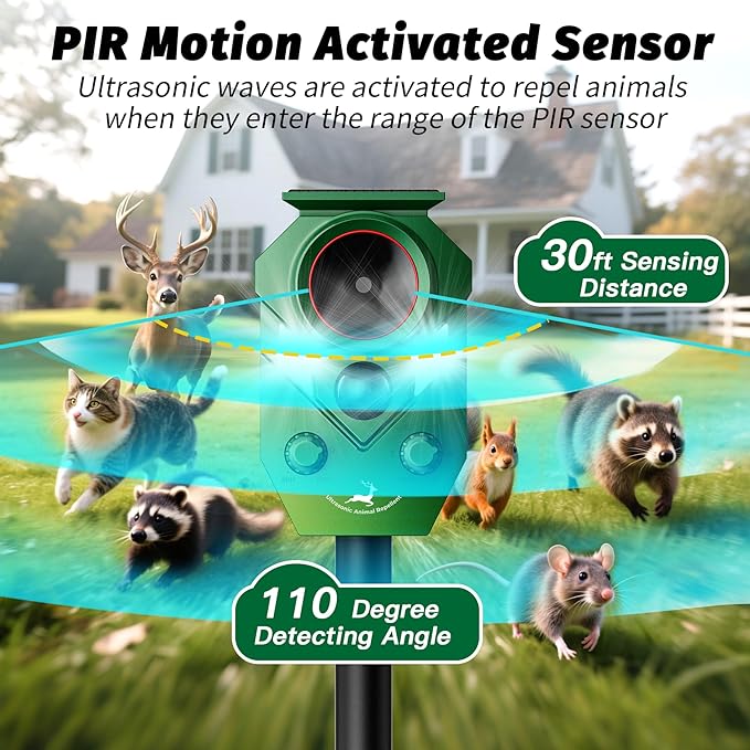 Solar-Powered Ultrasonic Animal Repellent with Motion Sensor, Perfect for Outdoor Yards, Deer Repellent Device with LED Flashing Lights, Effective to Repel Deer, Coyotes, Raccoons, and Cats