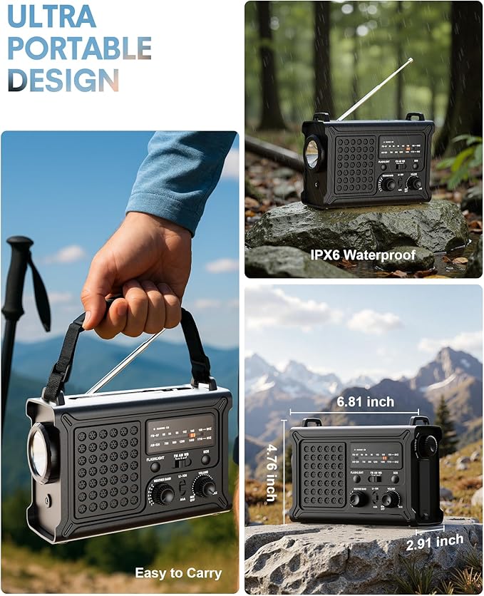OnLyee Emergency Radio, Hand Crank & Solar Powered NOAA Weather Radio, 12000mAh Power Bank, AM/FM, LED Flashlight & Reading Lamp for Hurricane, Blizzard, Power Outage, Outdoor Camping, Survival Gear