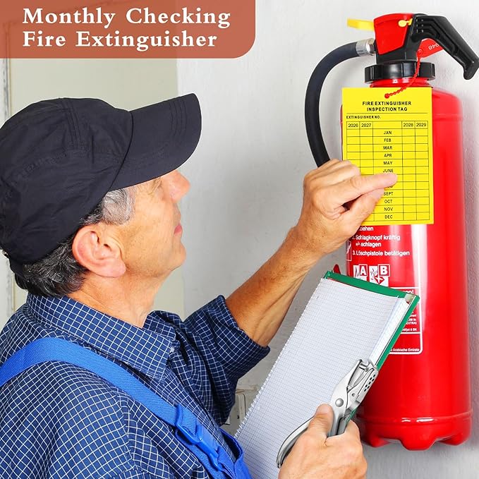 Chunful 101 Pieces Monthly Fire Extinguisher Inspection Tags 2026 to 2029 Plastic Maintenance Record Tags 5 x 3.25 Inch with Hole Puncher Adjustable Wire Ties Tamper Seals Numbered Security(Yellow)